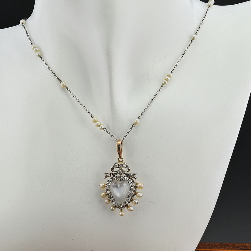 Victorian Antique Carved 3ct Moonstone Heart 1.40ct Old Mine Cut Diamond and Natural Pearl Pendant come Brooch