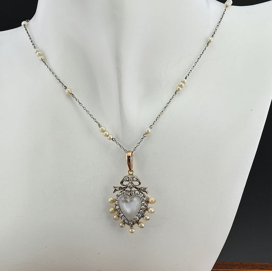 Victorian Antique Carved 3ct Moonstone Heart 1.40ct Old Mine Cut Diamond and Natural Pearl Pendant come Brooch