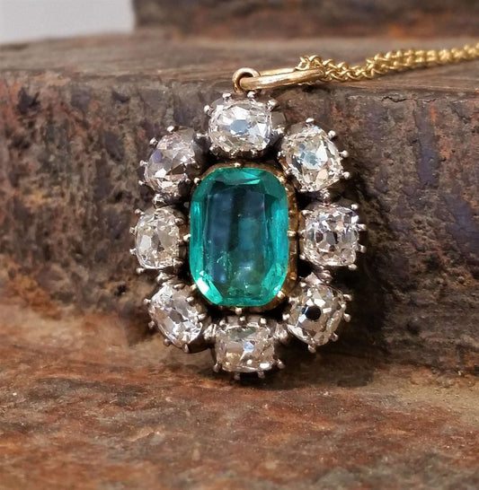 Antique Georgian Emerald and Diamond Cluster Pendant