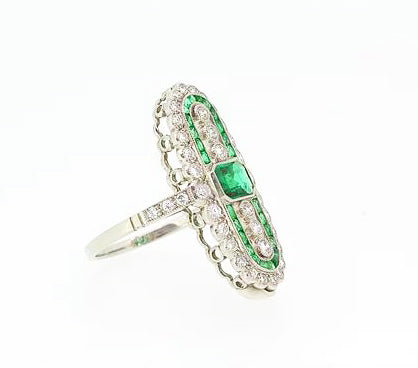 Art Deco Style Emerald and Diamond Dress Ring, Platinum