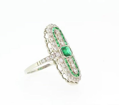 Art Deco Style Emerald and Diamond Dress Ring, Platinum
