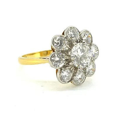 Vintage 3ct Diamond Daisy Cluster Engagement Ring in 18ct Yellow Gold