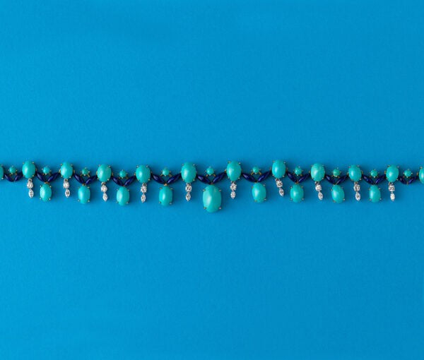 Vintage Turquoise, Diamond and Enamel Fringe Necklace; set with oval and round cabochon cut turquoises, dark blue enamel and 1.55cts brilliant cut diamonds, in 18ct gold, Circa 1960