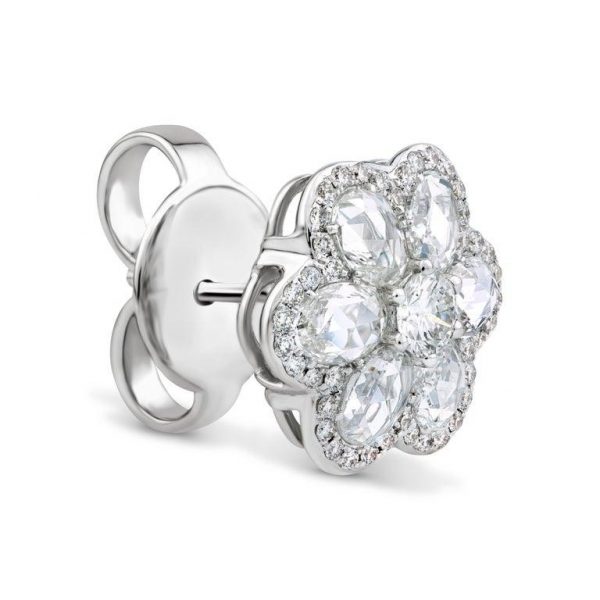 Rose Cut Diamond Floral Cluster Stud Earrings, 2.97cts, 18ct White Gold