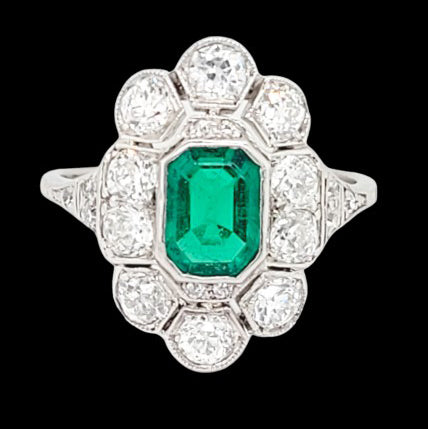 Art Deco 1ct Colombian Emerald and 2ct Old Cut Diamond Floral Cluster Ring in Platinum Circa 1920