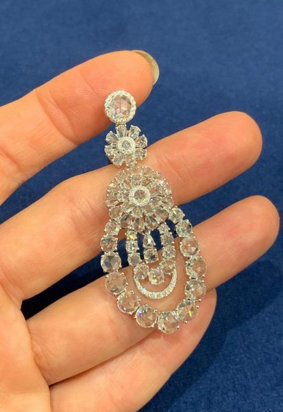 Rose Cut Diamond Chandelier Earrings, 10.64 carat total, 18ct White Gold