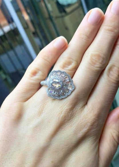 Rose Cut Diamond Cocktail Ring, 4.20 Carat Total, 18ct White Gold