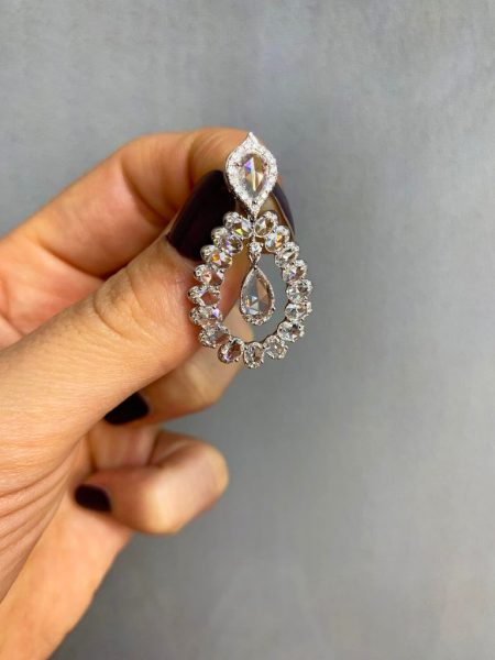 Rose Cut Pear Diamond Drop Earrings, 5.11 Carat Total, 18ct White Gold