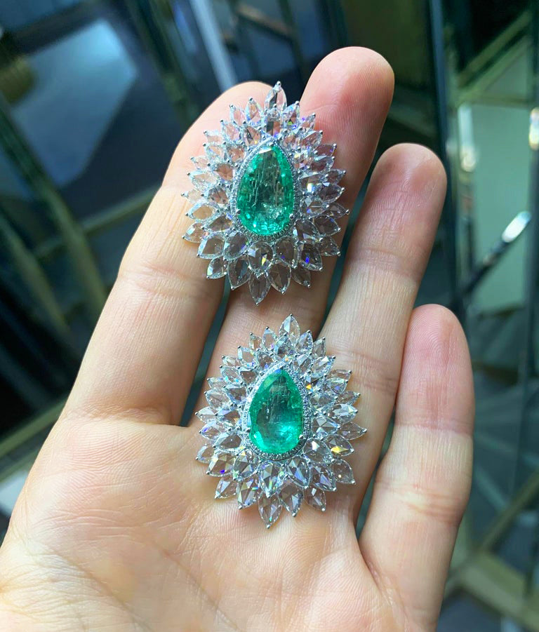 Old Cut Emerald and Diamond Cluster Earrings, 22.07ct, 18ct White Gold