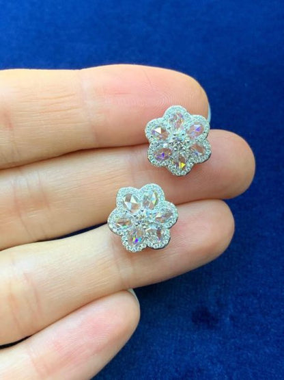 Rose Cut Diamond Floral Cluster Stud Earrings, 2.97cts, 18ct White Gold