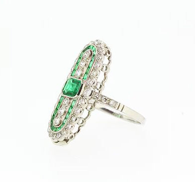 Art Deco Style Emerald and Diamond Dress Ring, Platinum