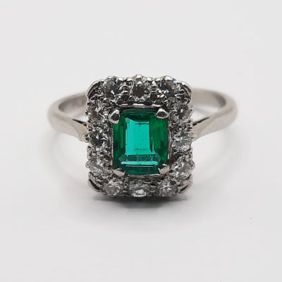 Vintage 0.56ct Colombian Emerald and Diamond Cluster Ring