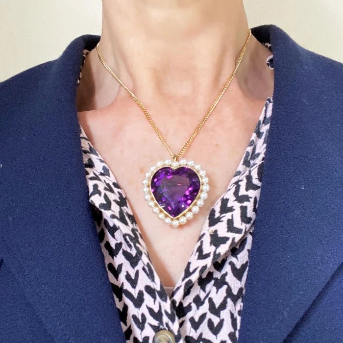 Vintage Amethyst and Pearl Cluster Heart Pendant