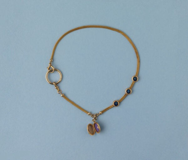 Antique Victorian Forget-Me-Not and 18ct Yellow Gold Locket Chain Pendant Necklace; 18ct yellow gold woven watch chain with three slides and a locket with two compartments decorated with forget-me-nots on both sides. France, 19th century