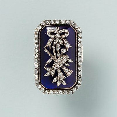 Antique 18th Century Diamond Set Blue Glass Panel Plaque Ring