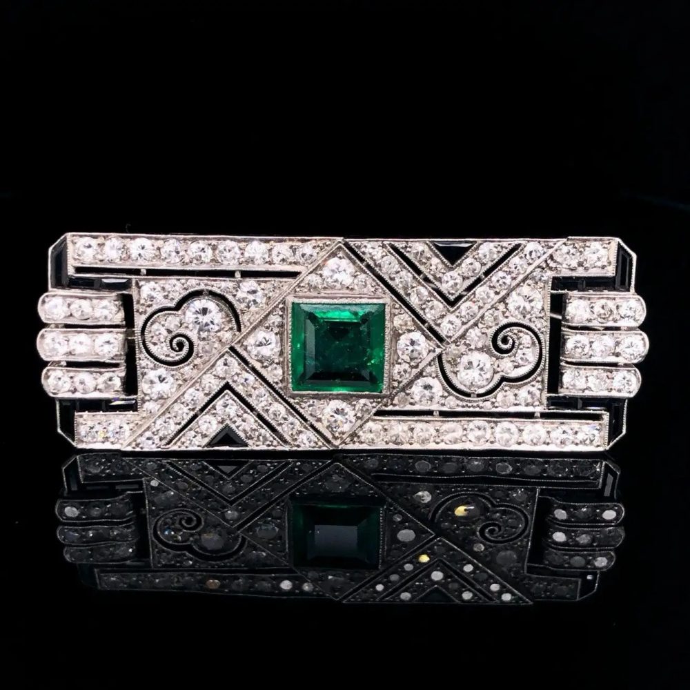 Art Deco Colombian Emerald Onyx and Diamond Brooch