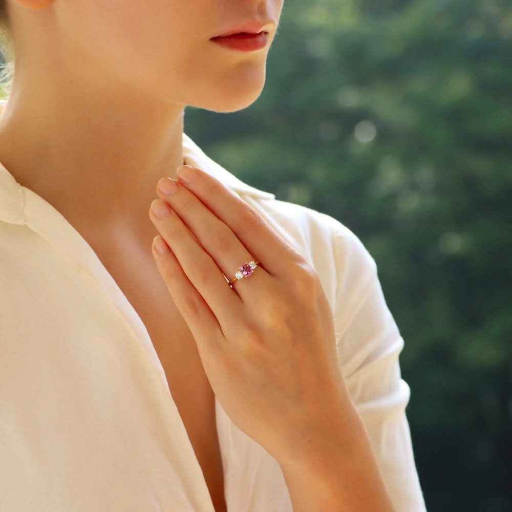 1.08ct Pink Sapphire and Certified Diamond Trilogy Ring