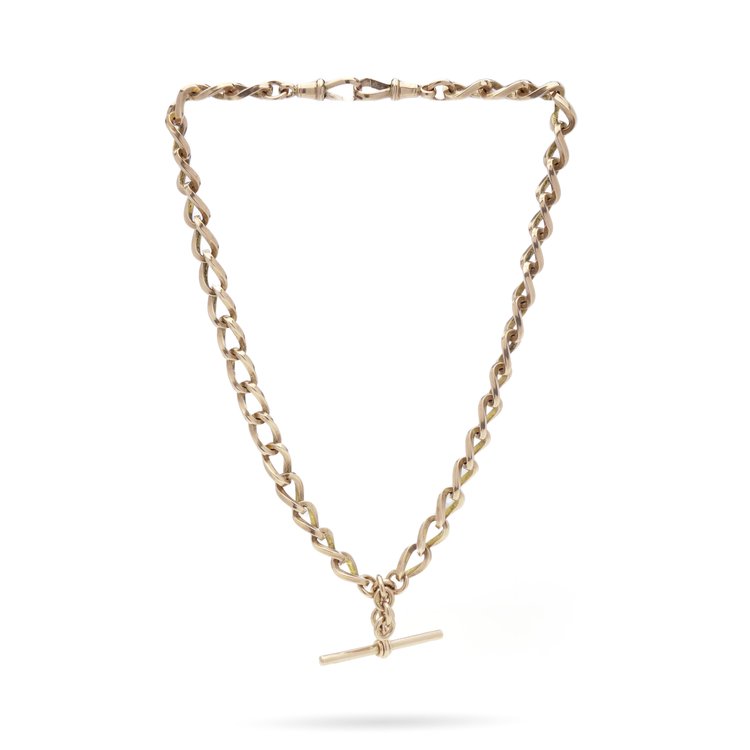 Victorian Antique 9ct Rose Gold Albert Chain Necklace with T-bar and double swivel clasps. Circa 1890s