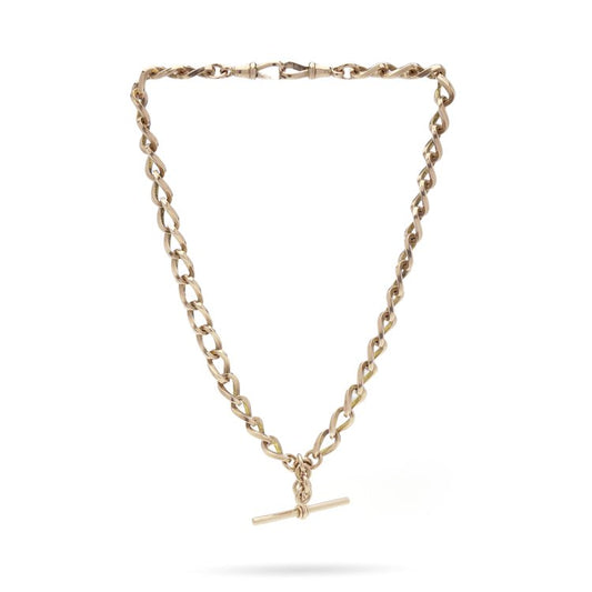 Victorian Antique 9ct Rose Gold Albert Chain Necklace with T-bar and double swivel clasps. Circa 1890s