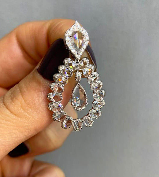 Rose Cut Pear Diamond Drop Earrings, 5.11 Carat Total, 18ct White Gold