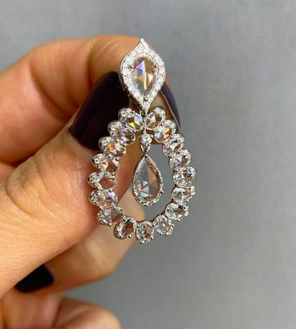 Rose Cut Pear Diamond Drop Earrings, 5.11 Carat Total, 18ct White Gold