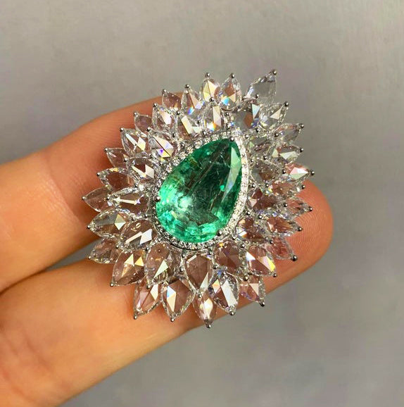 Old Cut Emerald and Diamond Cluster Earrings, 22.07ct, 18ct White Gold