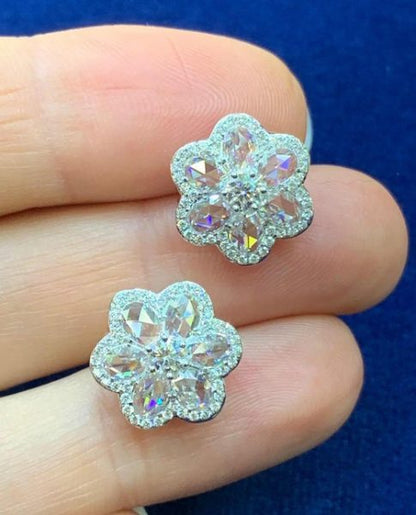 Rose Cut Diamond Floral Cluster Stud Earrings, 2.97cts, 18ct White Gold
