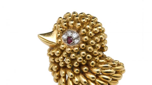 Vintage French 18ct Yellow Gold Bird Brooch with Ruby and Diamonds