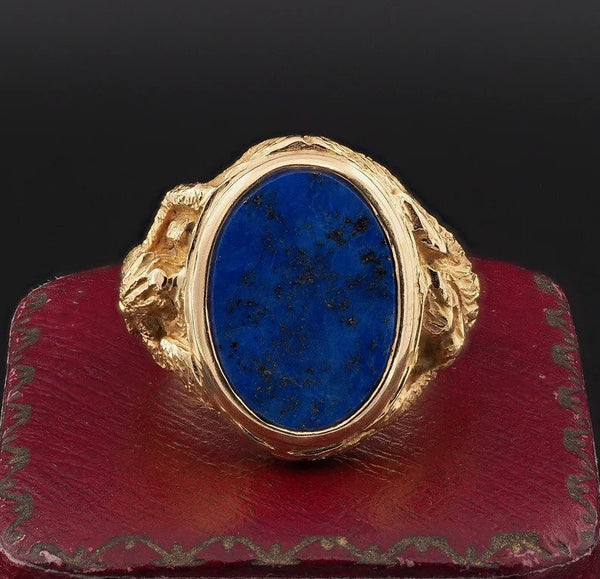 Vintage Lapis Lazuli and Sculptured Gold Gents Signet Dress Ring; detailed gold carved Eagle, Chimera/Griffin and Snakes and large central oval lapis lazuli, Circa 1950s