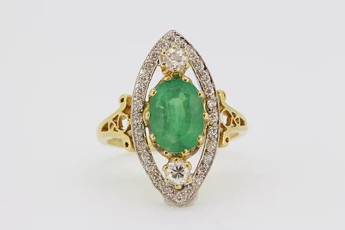 Emerald and Diamond Marquise Shaped Navette Cluster Ring