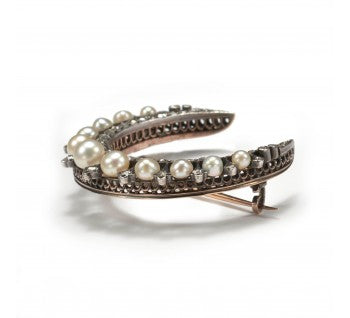 Antique Victorian Natural Pearl and Rose Cut Diamond Crescent Brooch