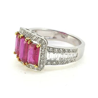 Certified Natural No Heat 1.88ct Ruby and Diamond Three Stone Cluster Ring