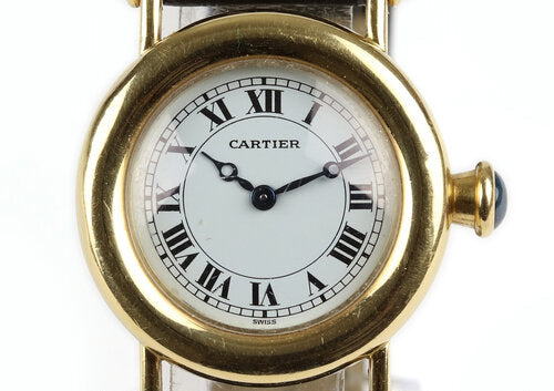 Cartier Diabolo 18ct Yellow Gold 27mm MidSize Ladies Quartz Watch, Ref 1440, white dial, Roman numerals, blue steel Breguet hands, blue cabochon gem set crown and lugs, black leather strap with plated buckle