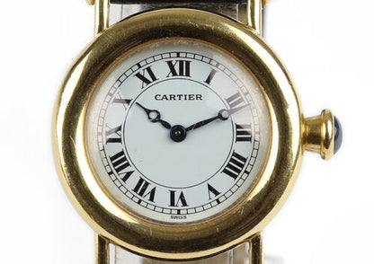 Cartier Diabolo 18ct Yellow Gold 27mm MidSize Ladies Quartz Watch, Ref 1440, white dial, Roman numerals, blue steel Breguet hands, blue cabochon gem set crown and lugs, black leather strap with plated buckle