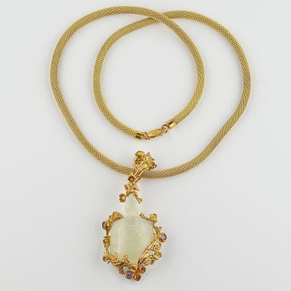 Antique Carved Hardstone Turtle and Gold Pendant on Yellow Gold Rope Snake Chain Necklace