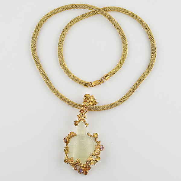 Antique Carved Hardstone Turtle and Gold Pendant on Yellow Gold Rope Snake Chain Necklace