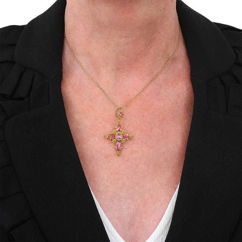Antique Georgian Pink Topaz Cannetille Cross Pendant Brooch