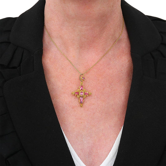 Antique Georgian Pink Topaz Cannetille Cross Pendant Brooch