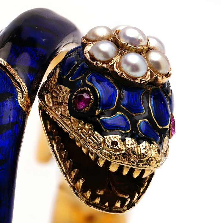 Antique Victorian Gold and Blue Enamel Snake Bangle Bracelet