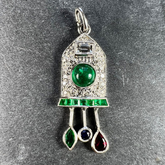 Art Deco Emerald and Diamond Pendant with Ruby Sapphire