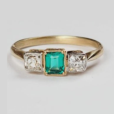 Antique Edwardian Emerald and Diamond Three Stone Ring