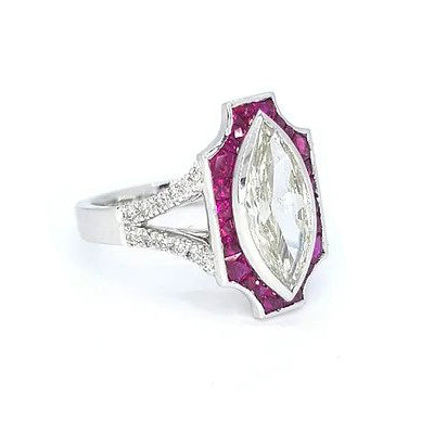 Certified 1.60ct Marquise Diamond and Calibre Ruby Tablet Cluster Ring