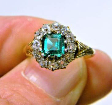 Antique Victorian Emerald and Old Cut Diamond Cluster Ring