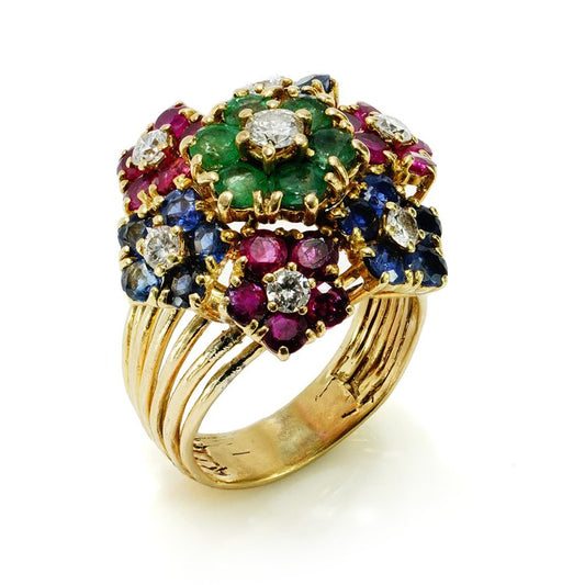 Vintage French Tutti Frutti Flower Ring 18ct Yellow Gold