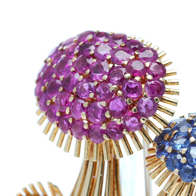 Vintage 18ct Gold Mushroom Brooch with Rubies and Sapphires