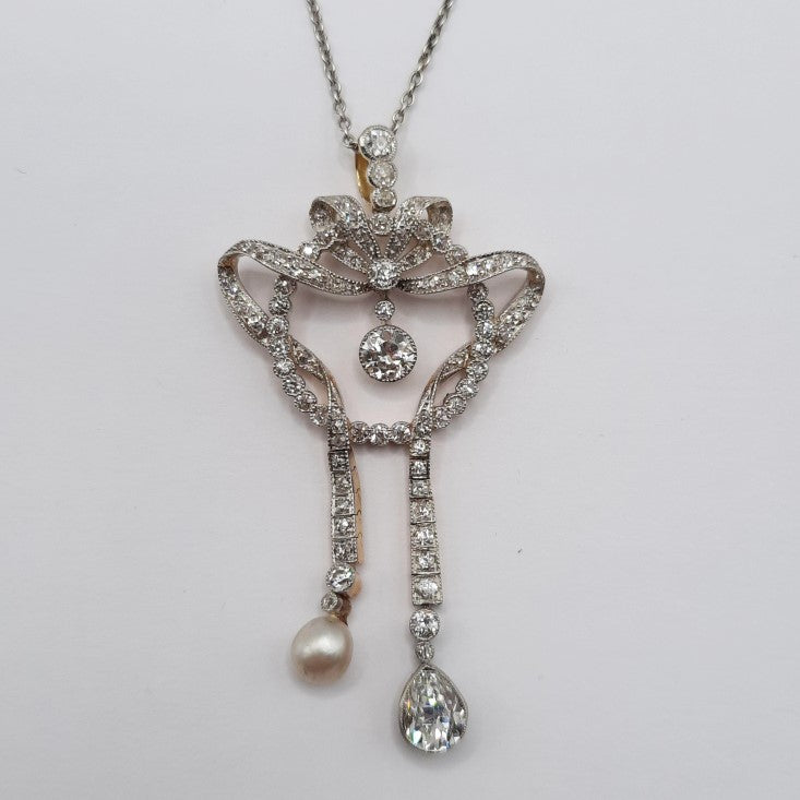 Antique Natural Pearl and 3cts Old Cut Diamond Negligee Pendant Necklace