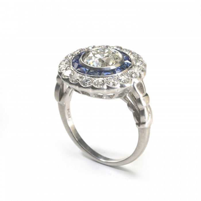 Art Deco Style 1.40ct Old Cut Diamond and Calibre Sapphire Target Cluster Ring in Platinum
