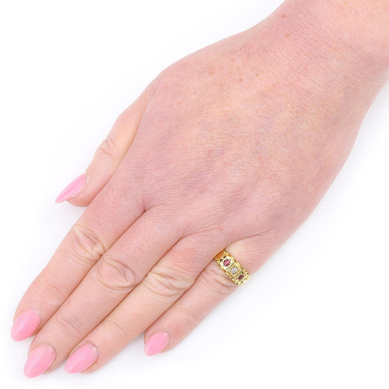 Victorian Antique Ruby and Diamond Three Stone Gypsy Ring