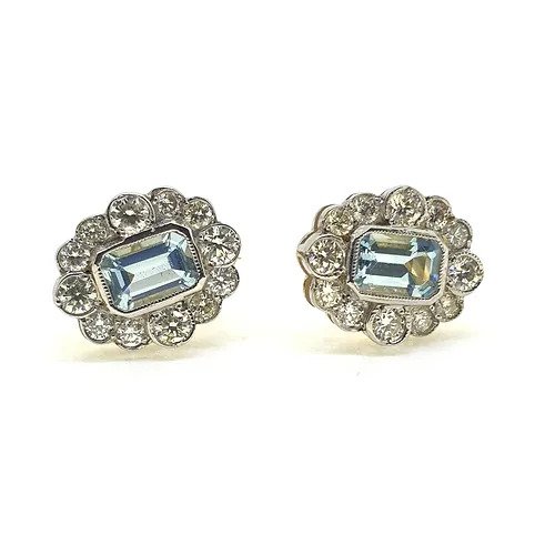 1ct Aquamarine and Diamond Cluster Stud Earrings