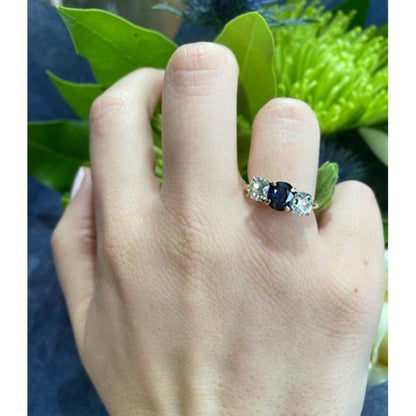 Vintage 1.17ct Sapphire and Old Cut Diamond Three Stone Ring, Circa 1960